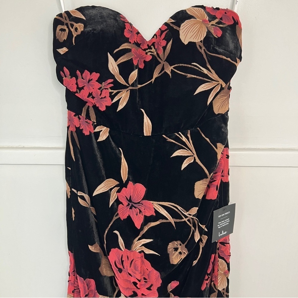 Lulus Exquisite Black Floral Burnout Velvet Strapless Maxi Dress NWT - Picture 3 of 16